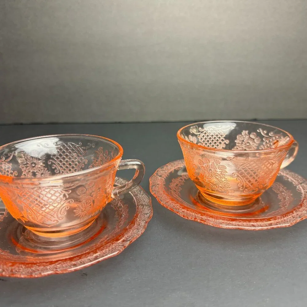 Vintage Pink Glass Set of 2 Cup Saucer
